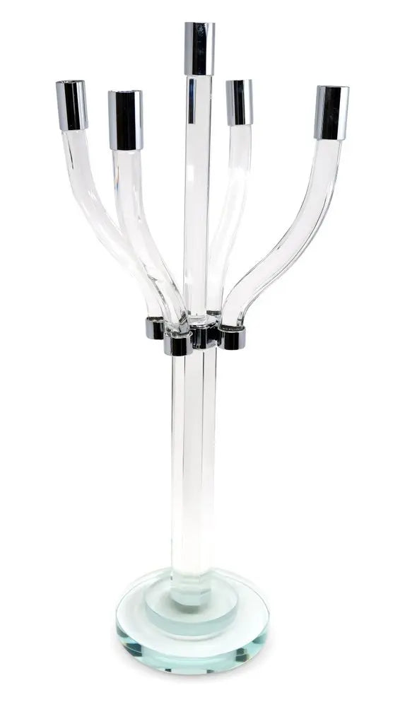 20" Clear And Silver Crystal Tabletop Contempo Candelabra Candle Holder - NOBLE HOME INTERIORS