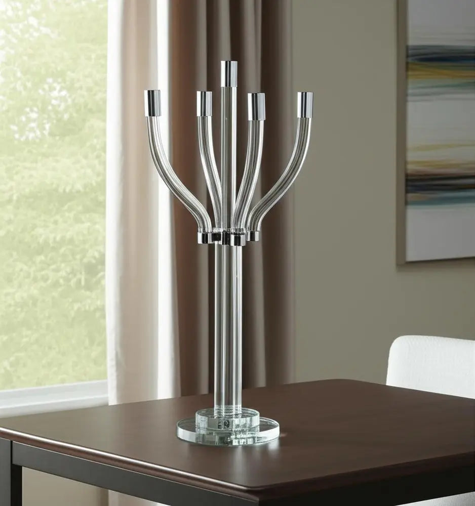 20" Clear And Silver Crystal Tabletop Contempo Candelabra Candle Holder - NOBLE HOME INTERIORS
