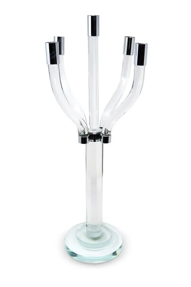 20" Clear And Silver Crystal Tabletop Contempo Candelabra Candle Holder - NOBLE HOME INTERIORS