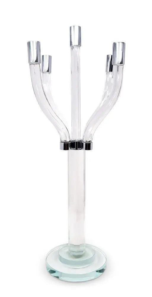 20" Clear And Silver Crystal Tabletop Contempo Candelabra Candle Holder - NOBLE HOME INTERIORS