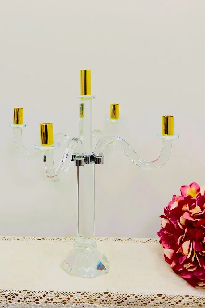 20" Clear Silver And Gold Crystal Tabletop Candelabra Candle Holder - NOBLE HOME INTERIORS