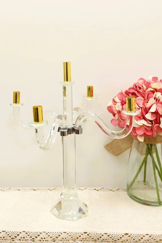 20" Clear Silver And Gold Crystal Tabletop Candelabra Candle Holder - NOBLE HOME INTERIORS