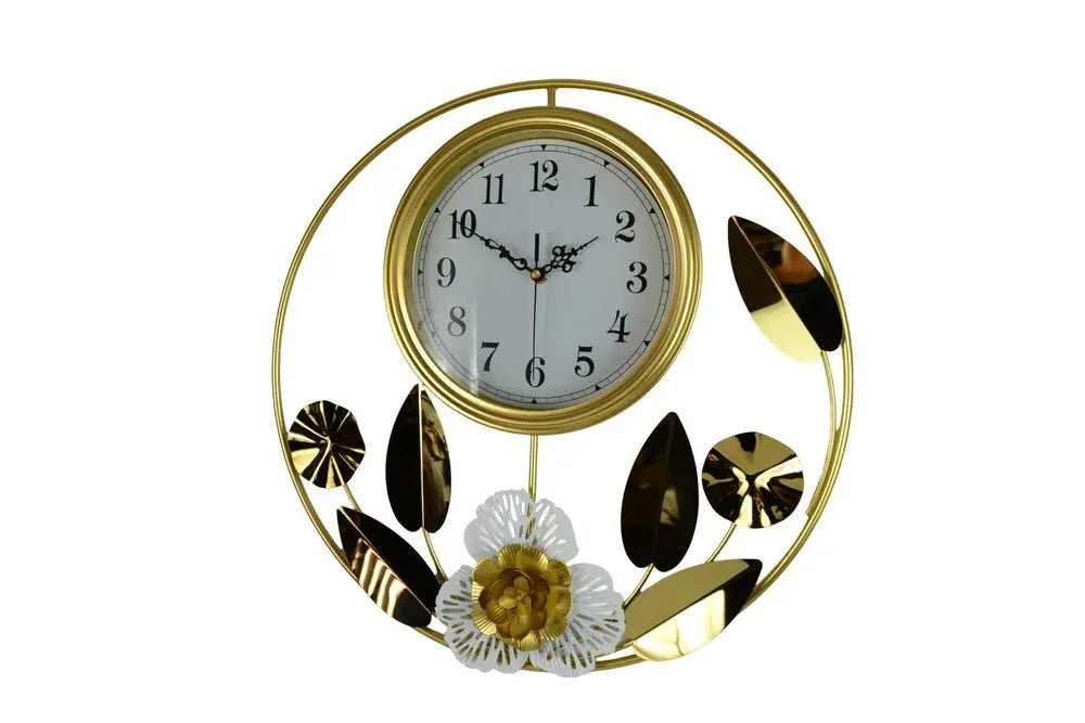 20" Gold And White Metal Silent Analog Floral Round Wall Clock HomeRoots