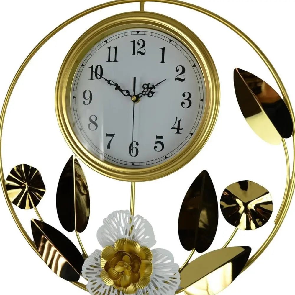 20" Gold And White Metal Silent Analog Floral Round Wall Clock HomeRoots