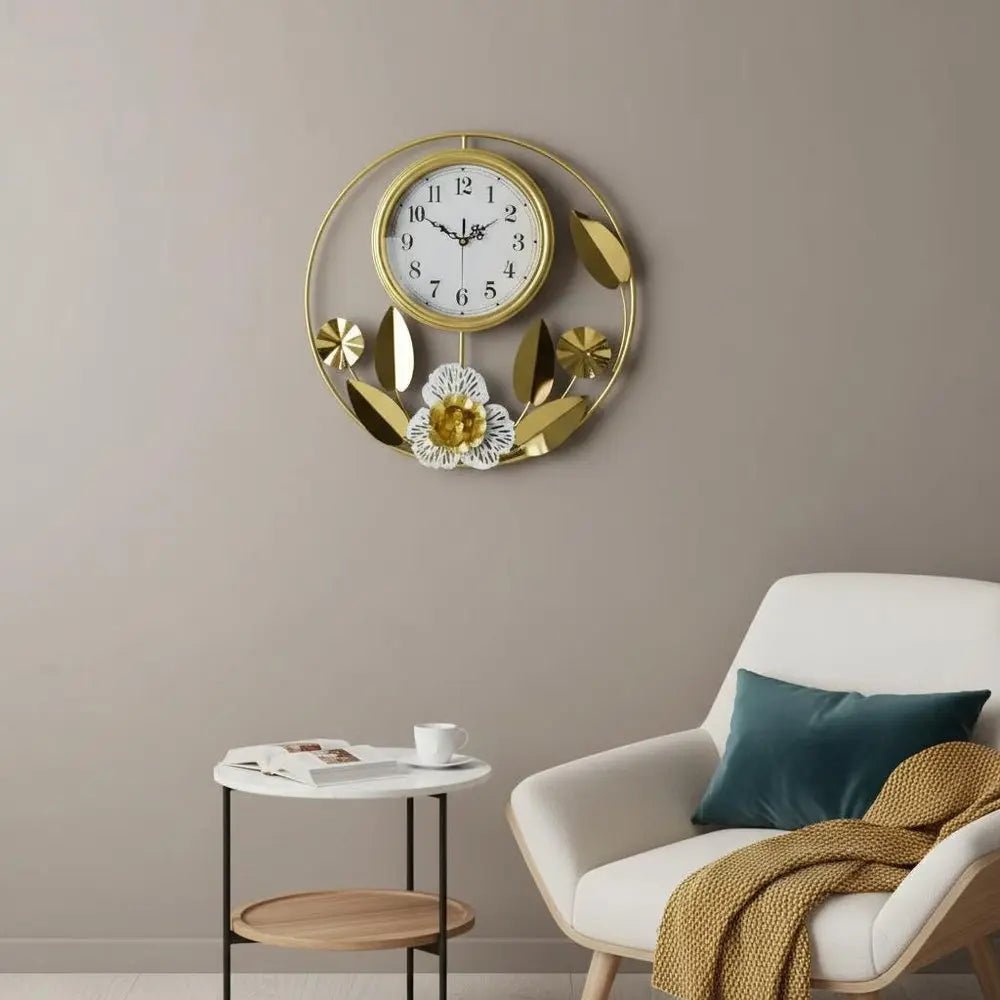 20" Gold And White Metal Silent Analog Floral Round Wall Clock HomeRoots