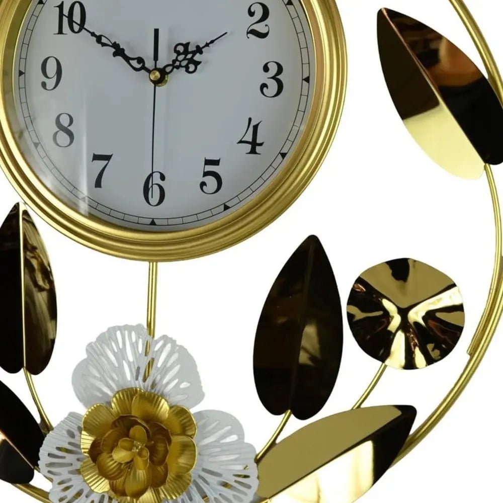 20" Gold And White Metal Silent Analog Floral Round Wall Clock HomeRoots
