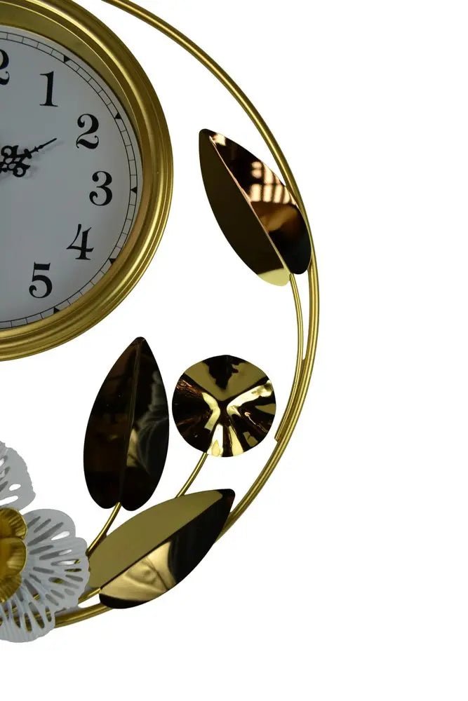 20" Gold And White Metal Silent Analog Floral Round Wall Clock HomeRoots