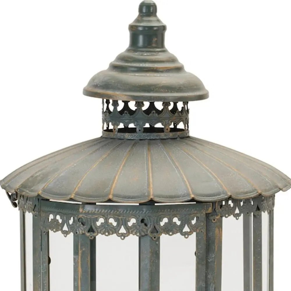20" Gray Distressed Geometric Metal And Glass Centerpiece Lantern Candle Holder HomeRoots