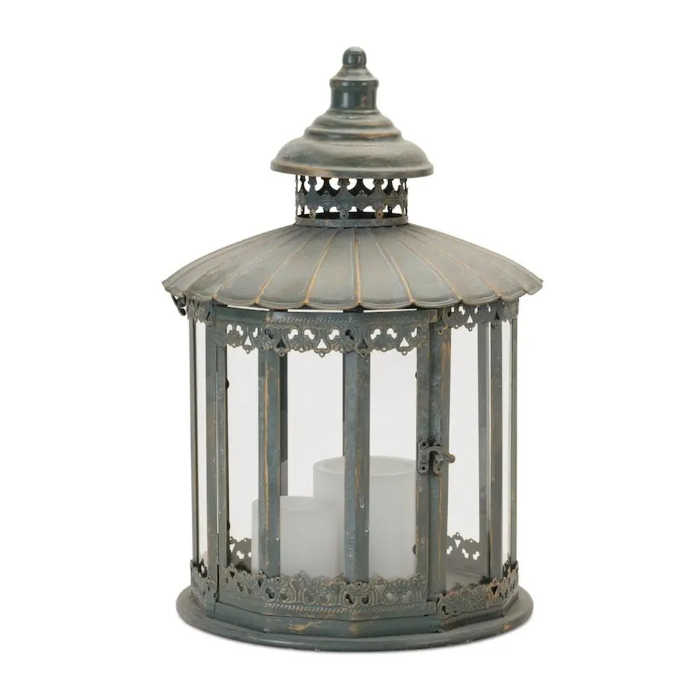 20" Gray Distressed Geometric Metal And Glass Centerpiece Lantern Candle Holder HomeRoots