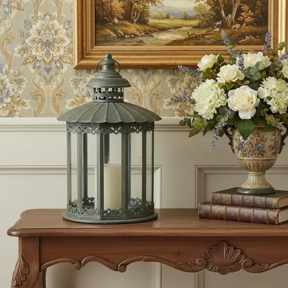 20" Gray Distressed Geometric Metal And Glass Centerpiece Lantern Candle Holder HomeRoots