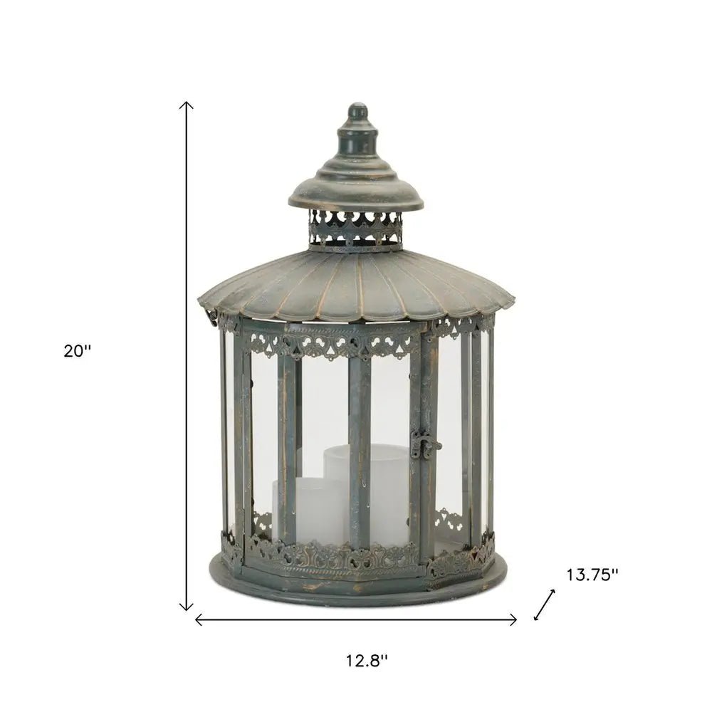 20" Gray Distressed Geometric Metal And Glass Centerpiece Lantern Candle Holder HomeRoots