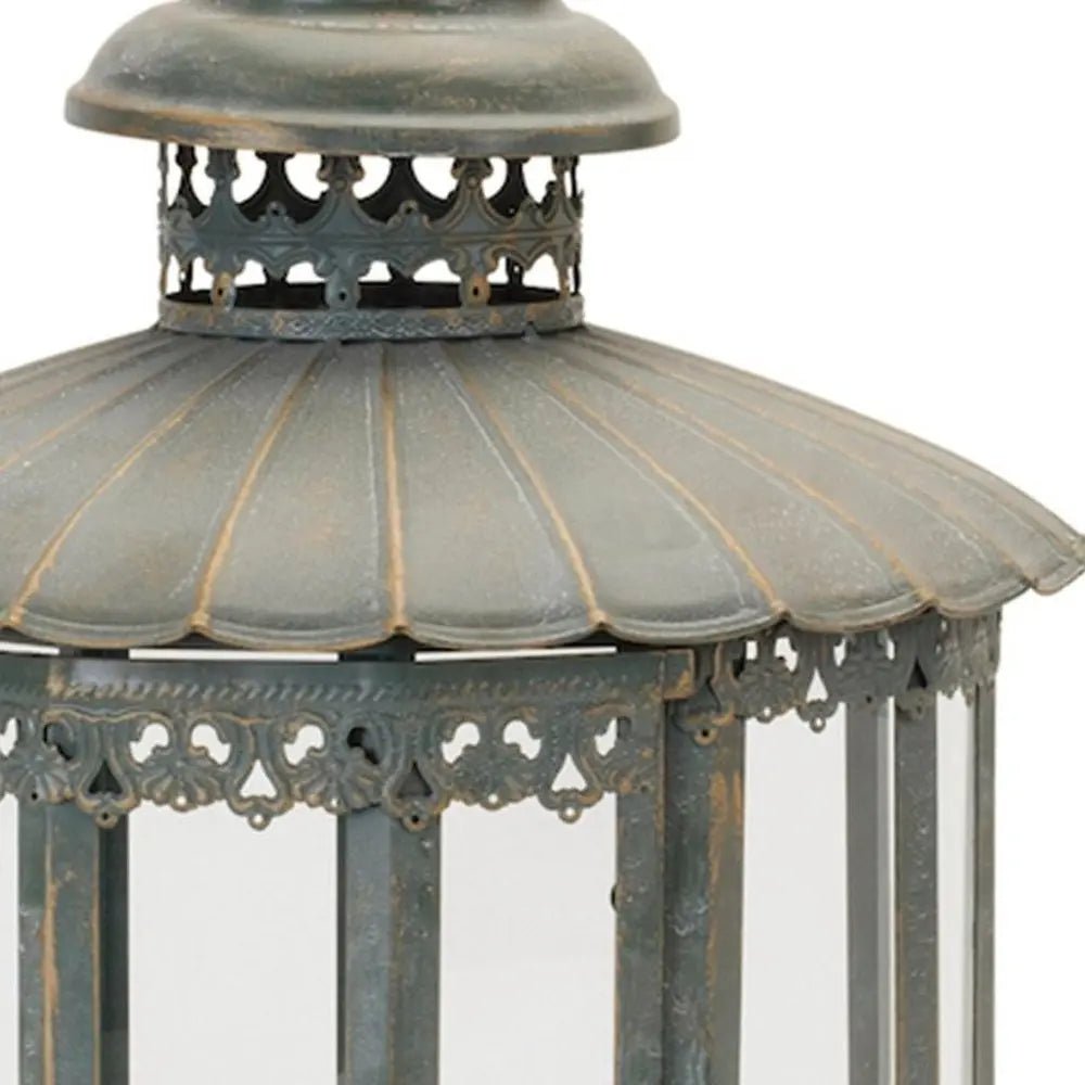 20" Gray Distressed Geometric Metal And Glass Centerpiece Lantern Candle Holder HomeRoots