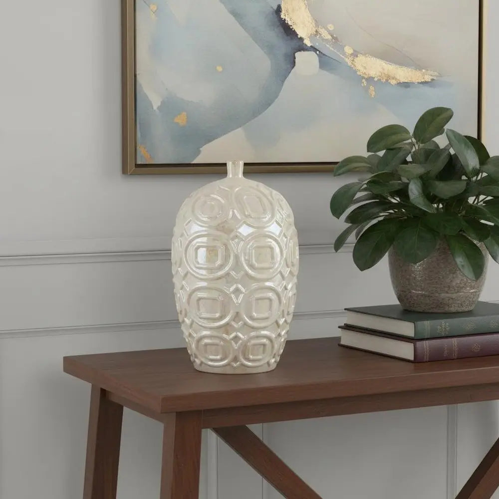 20" Ivory Geometric Bud Ceramic Table Vase - NOBLE HOME INTERIORS