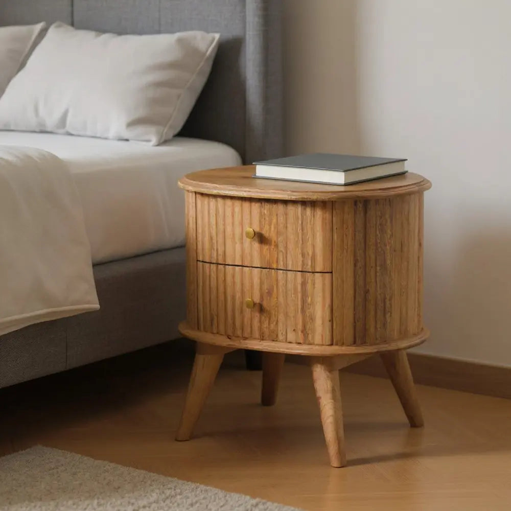 20" Natural Solid Wood Oval Ribbed Texture Two Drawer Nightstand - NOBLE HOME INTERIORS