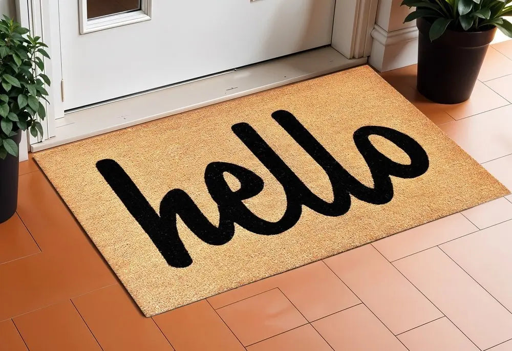 20" X 34" Natural And Black Hello Outdoor Coir Door Mat - NOBLE HOME INTERIORS