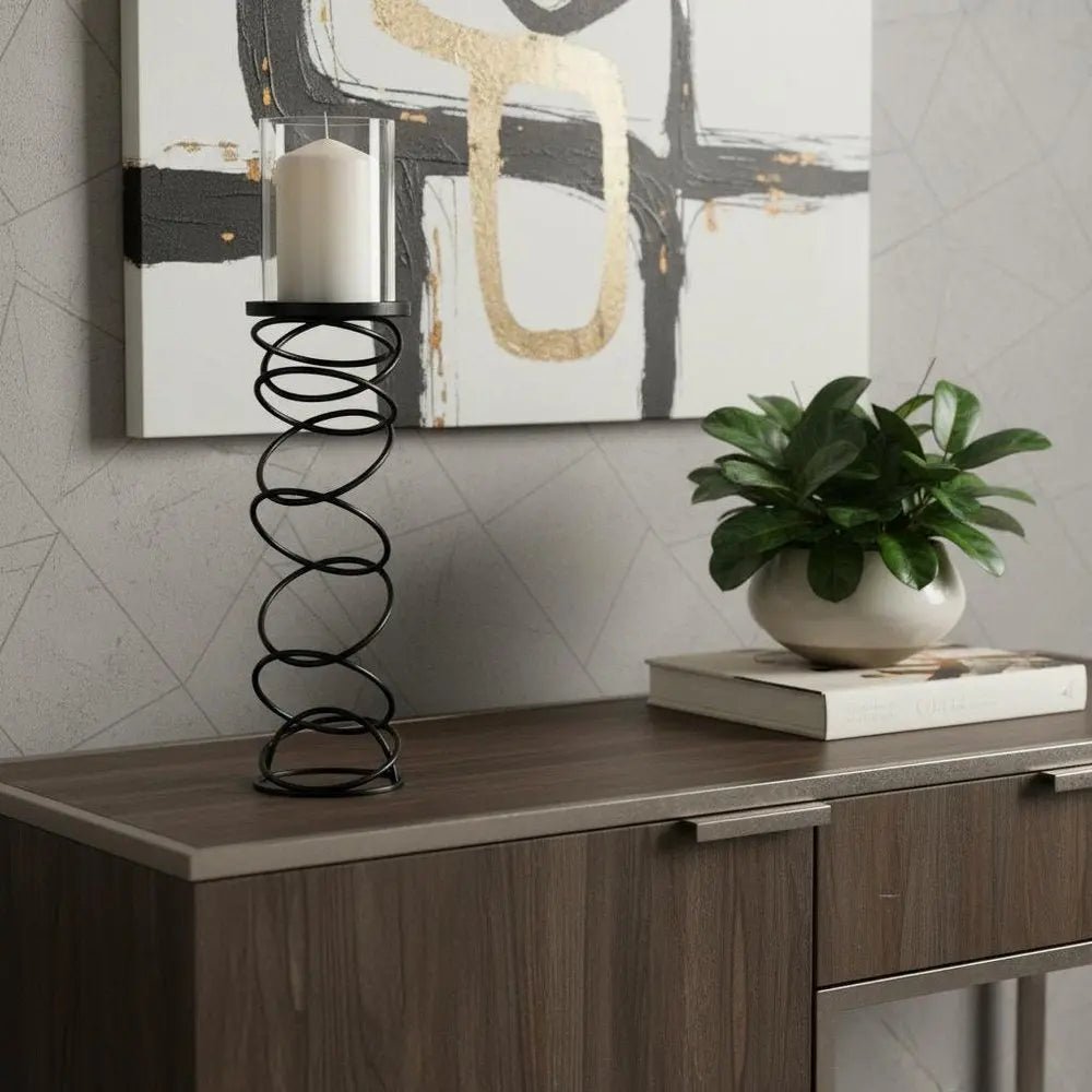 21" Black Geometric Glass And Metal Tabletop Pillar Candle Holder HomeRoots