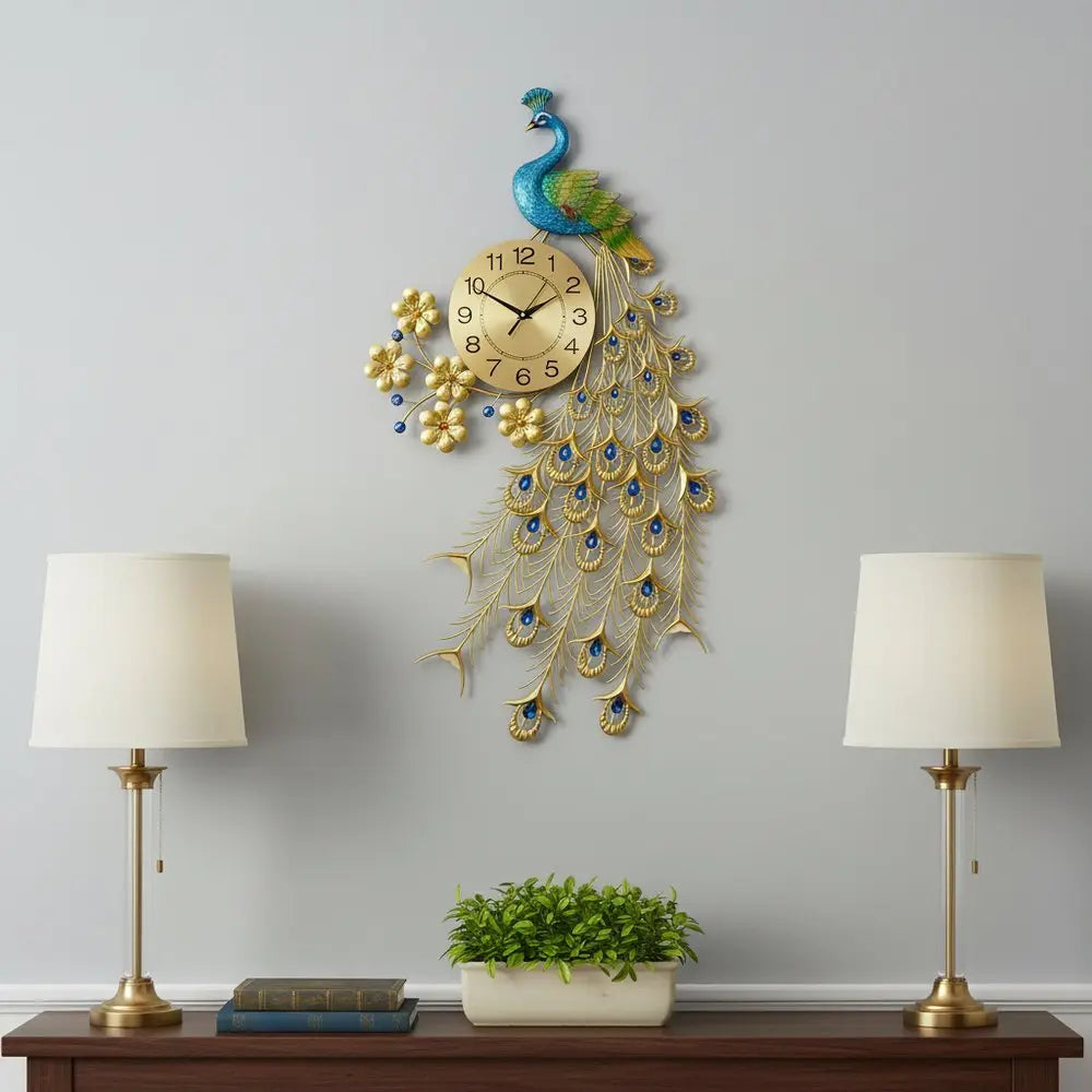 21" Blue Green And Gold Metal Silent Analog Peacock Novelty Wall Clock - NOBLE HOME INTERIORS