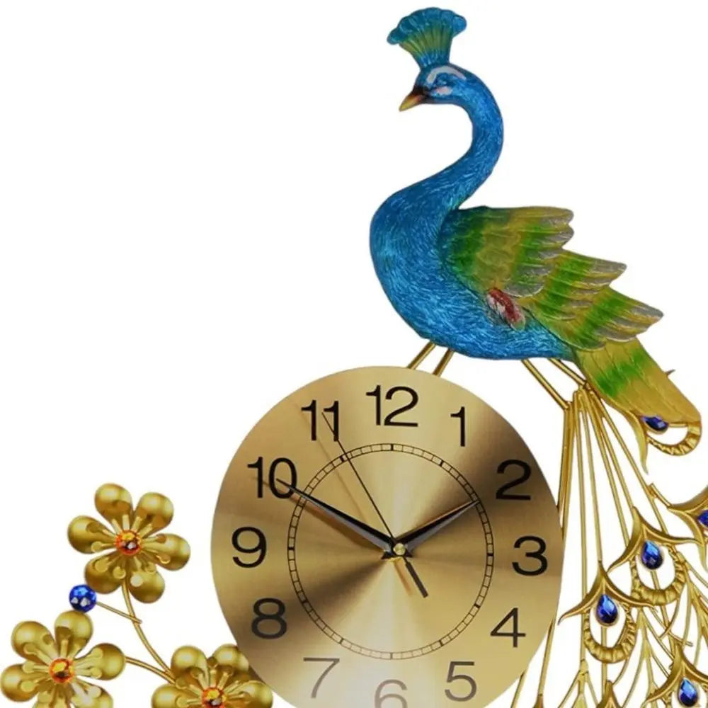 21" Blue Green And Gold Metal Silent Analog Peacock Novelty Wall Clock - NOBLE HOME INTERIORS