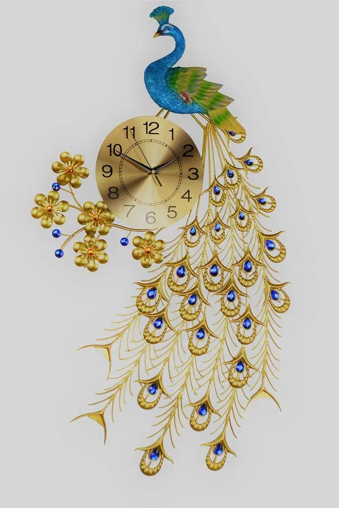 21" Blue Green And Gold Metal Silent Analog Peacock Novelty Wall Clock - NOBLE HOME INTERIORS