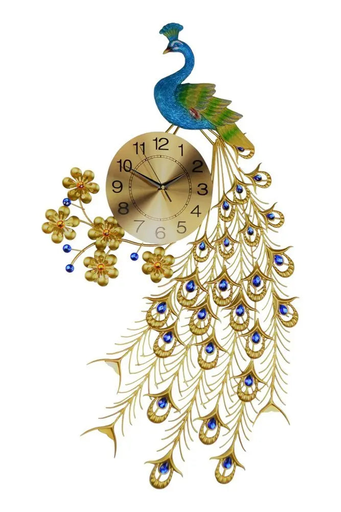 21" Blue Green And Gold Metal Silent Analog Peacock Novelty Wall Clock - NOBLE HOME INTERIORS