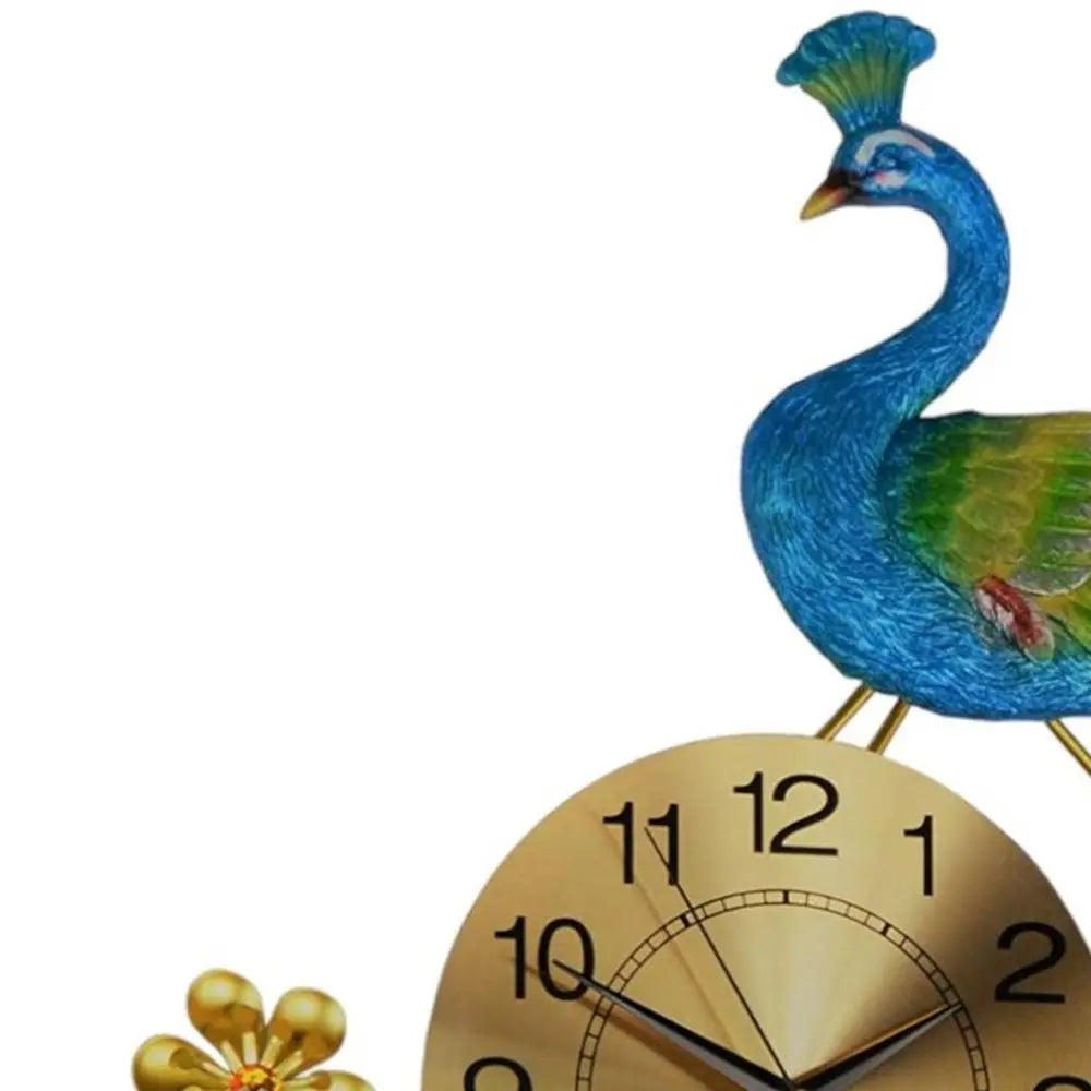 21" Blue Green And Gold Metal Silent Analog Peacock Novelty Wall Clock - NOBLE HOME INTERIORS