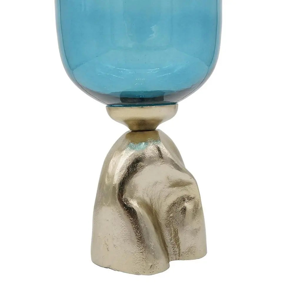 21" Blue White And Gold Ombre Glass And Aluminum Pedestal Table Vase - NOBLE HOME INTERIORS