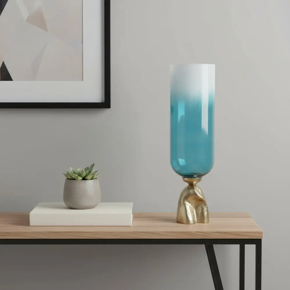 21" Blue White And Gold Ombre Glass And Aluminum Pedestal Table Vase - NOBLE HOME INTERIORS