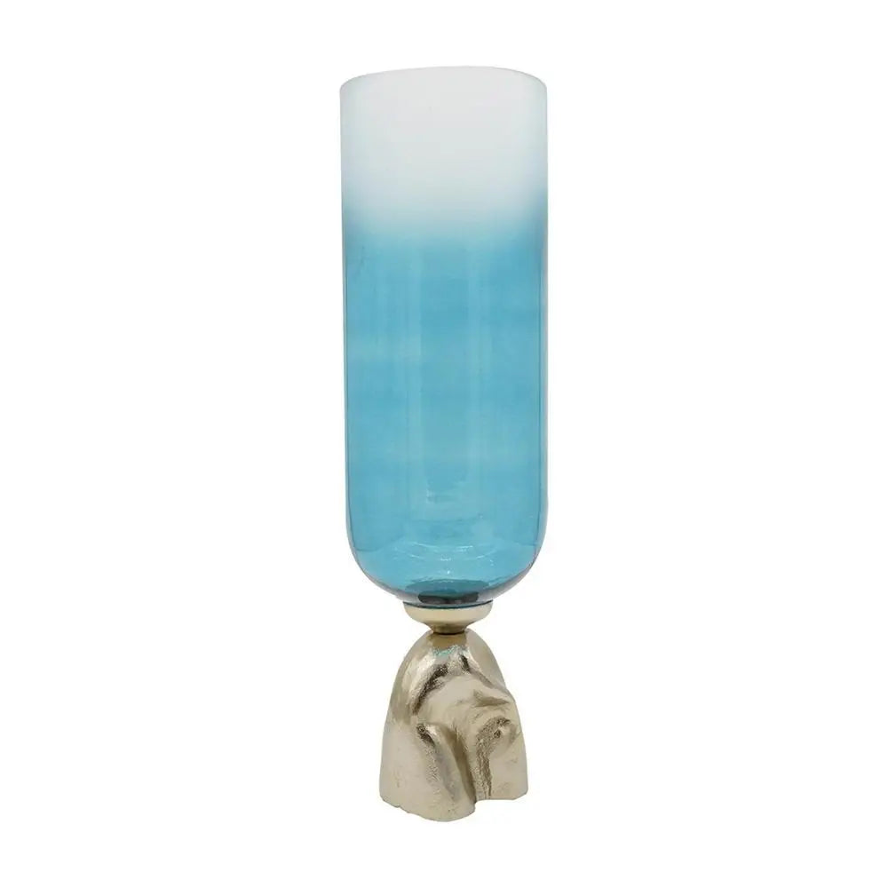 21" Blue White And Gold Ombre Glass And Aluminum Pedestal Table Vase - NOBLE HOME INTERIORS