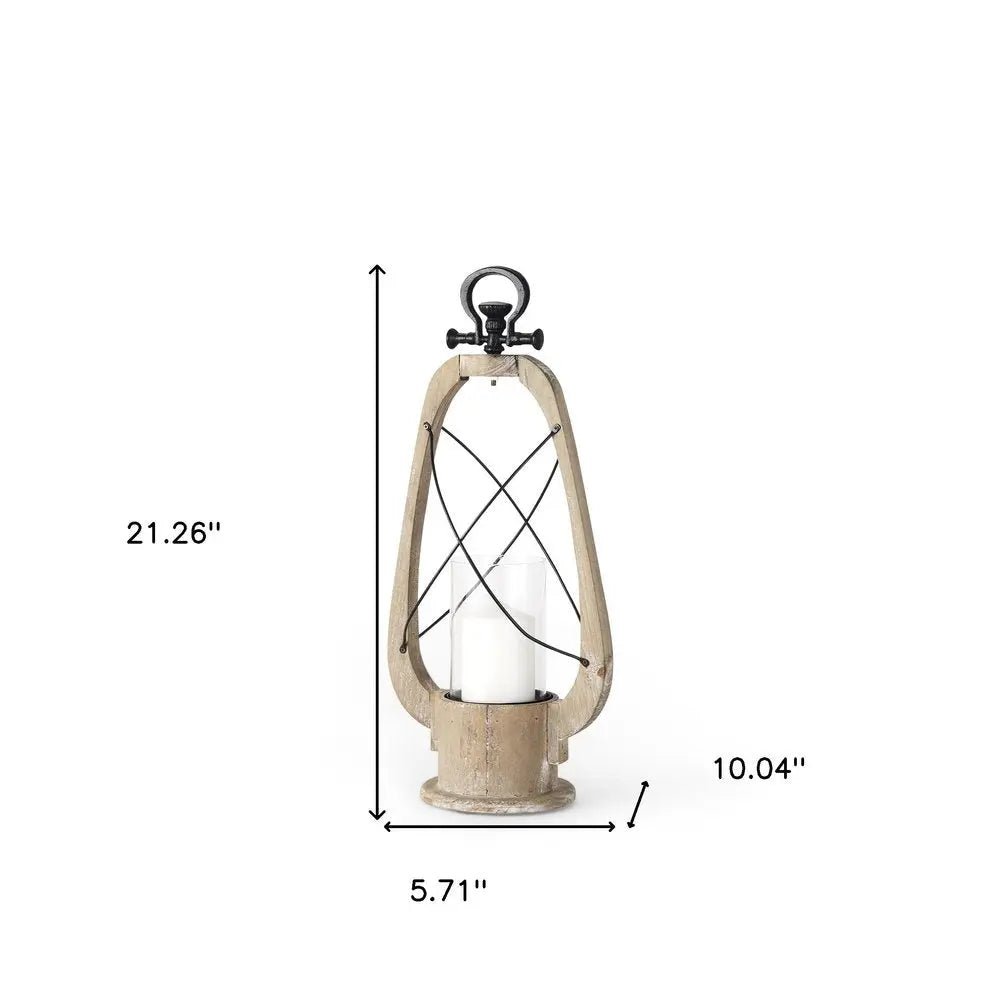 21" Brown And Black Distressed Abstract Solid Wood Metal And Glass Tabletop Lantern Candle Holder HomeRoots