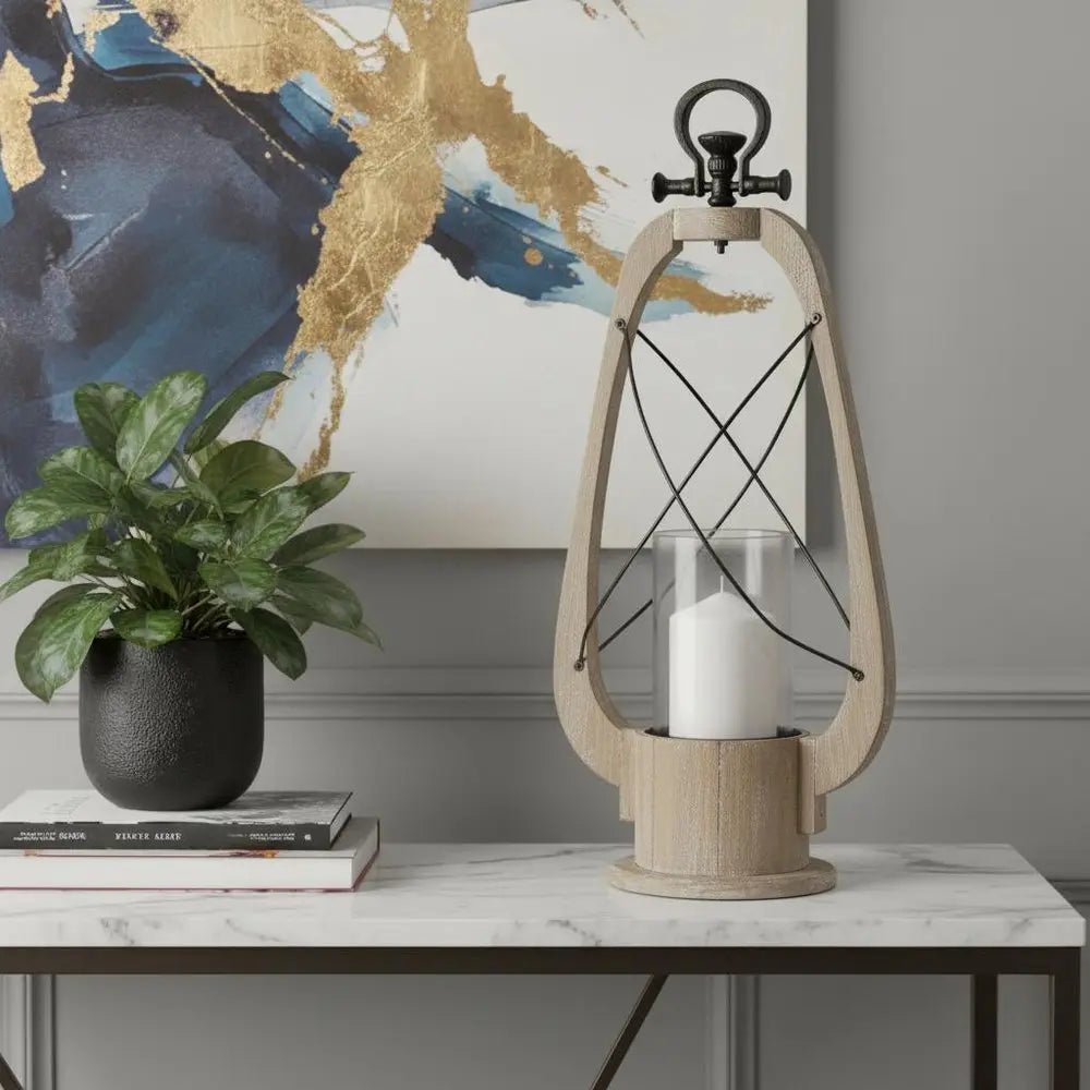 21" Brown And Black Distressed Abstract Solid Wood Metal And Glass Tabletop Lantern Candle Holder HomeRoots