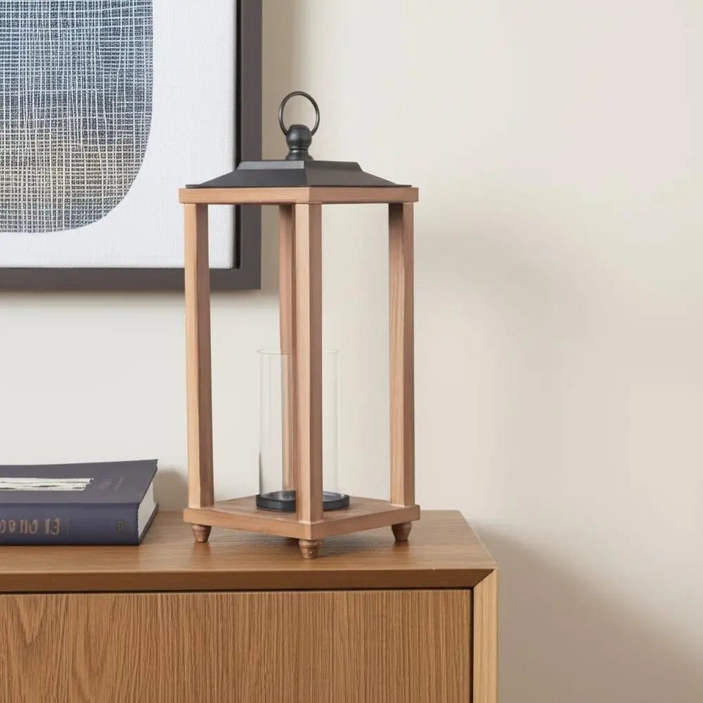 21" Brown And Black Geometric Metal And Solid Wood Tabletop Lantern Candle Holder HomeRoots