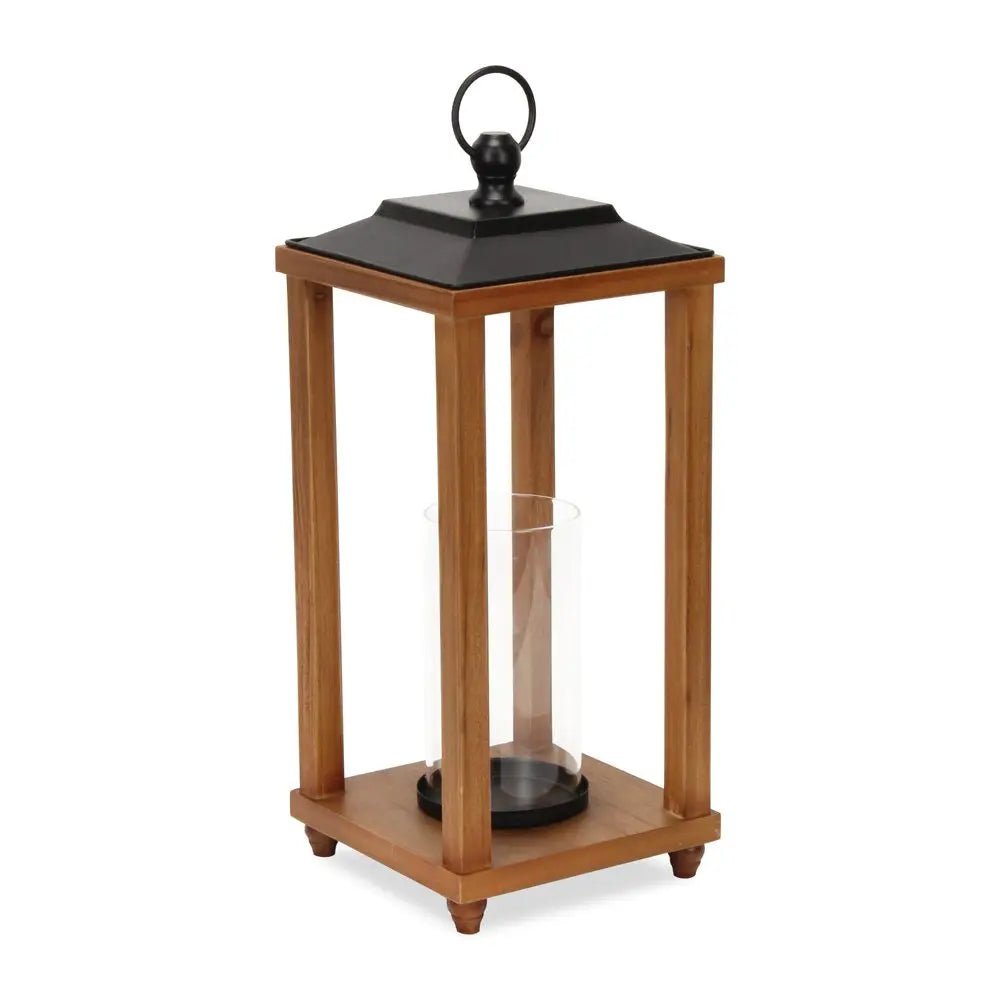 21" Brown And Black Geometric Metal And Solid Wood Tabletop Lantern Candle Holder HomeRoots