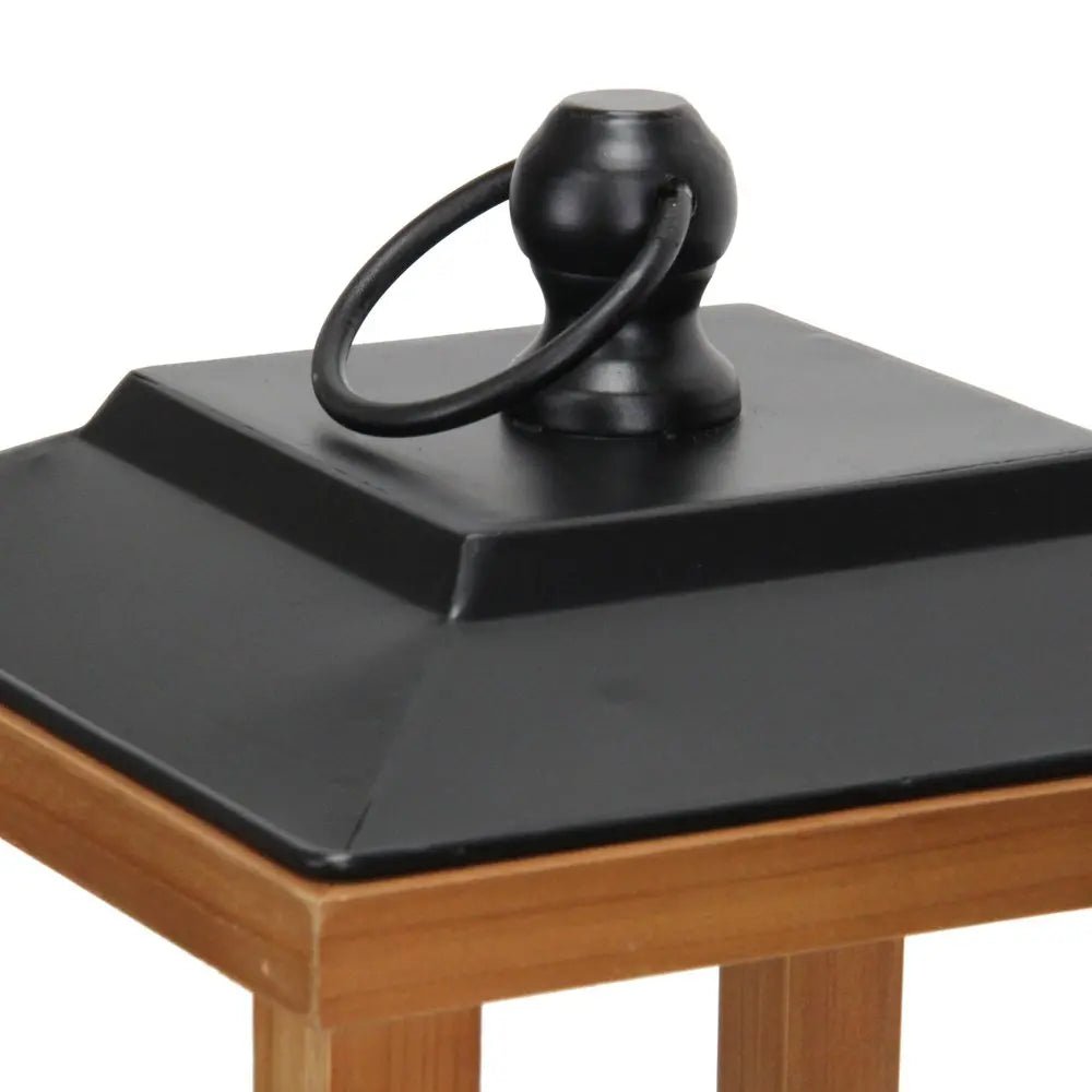 21" Brown And Black Geometric Metal And Solid Wood Tabletop Lantern Candle Holder HomeRoots