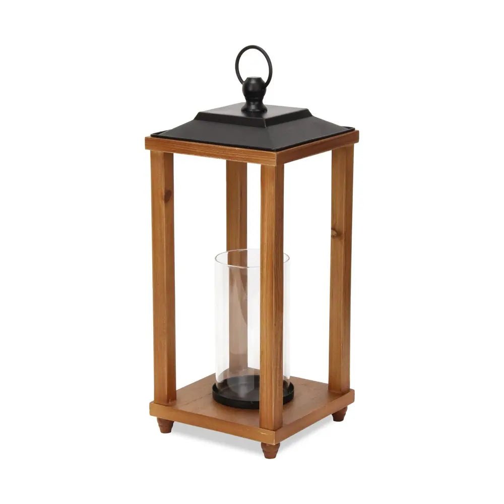 21" Brown And Black Geometric Metal And Solid Wood Tabletop Lantern Candle Holder HomeRoots