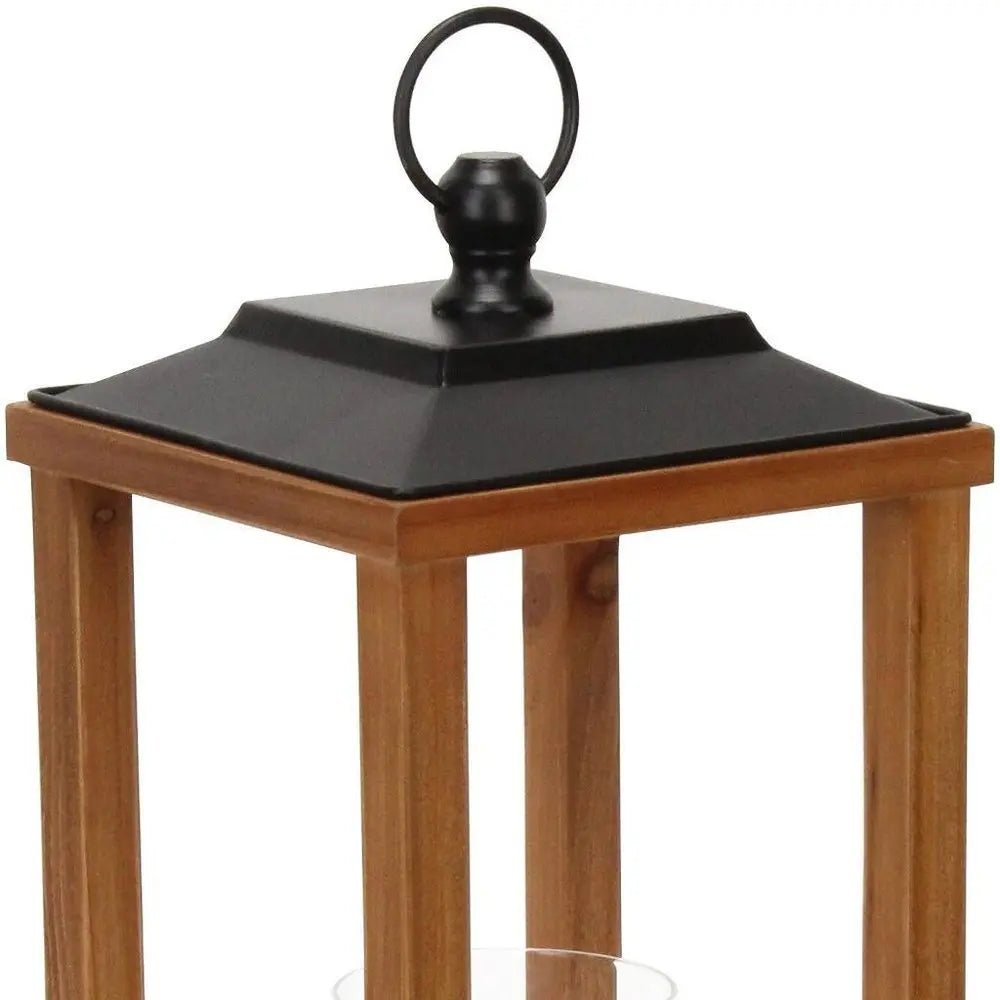 21" Brown And Black Geometric Metal And Solid Wood Tabletop Lantern Candle Holder HomeRoots
