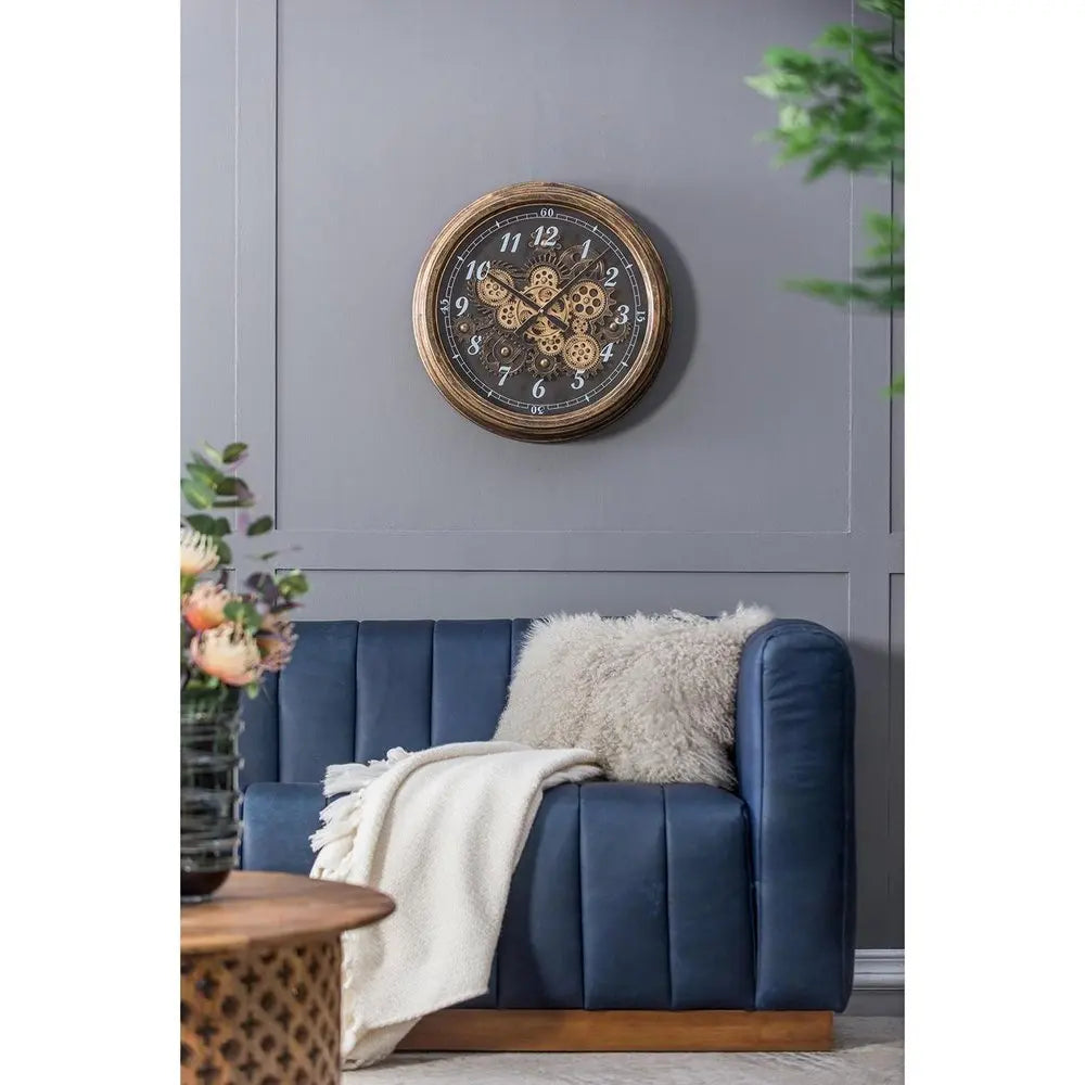 21" Circle Black and Gold Wood and Glass Analog Exposed Gear Wall Clock - NOBLE HOME INTERIORS