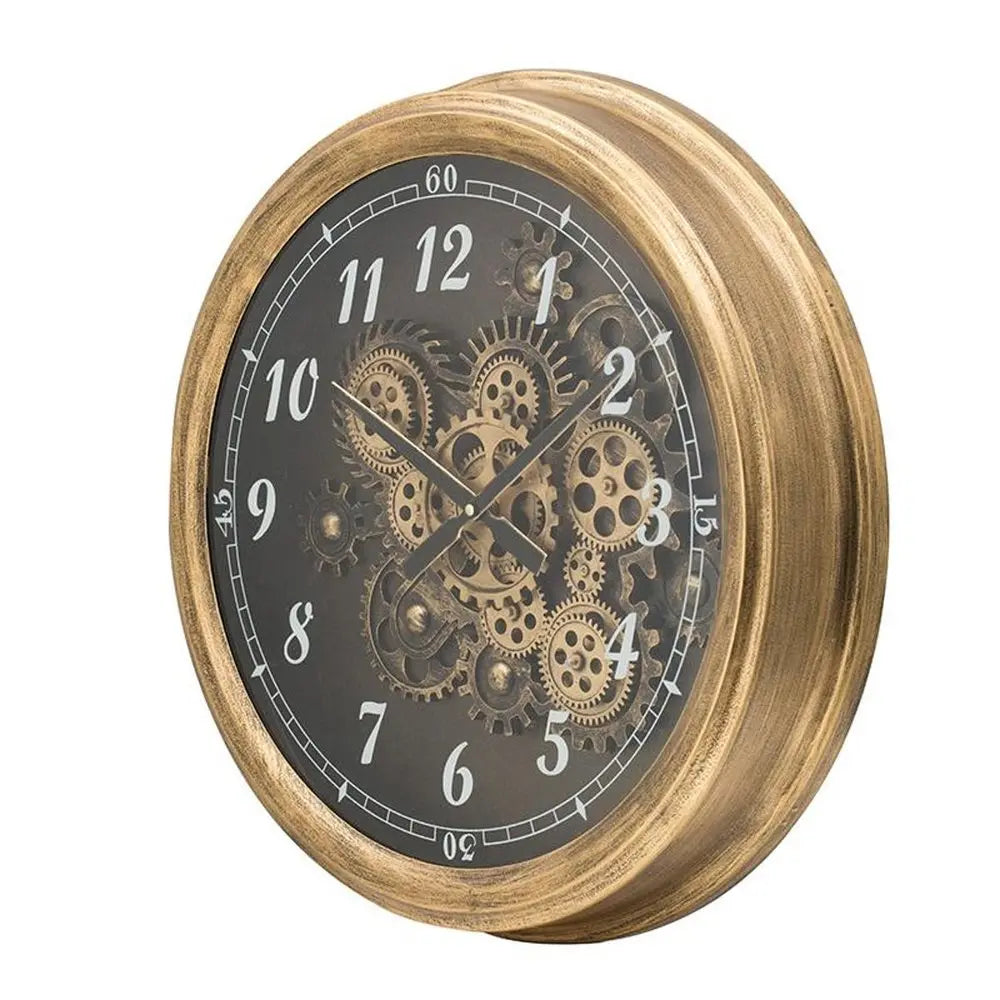 21" Circle Black and Gold Wood and Glass Analog Exposed Gear Wall Clock - NOBLE HOME INTERIORS