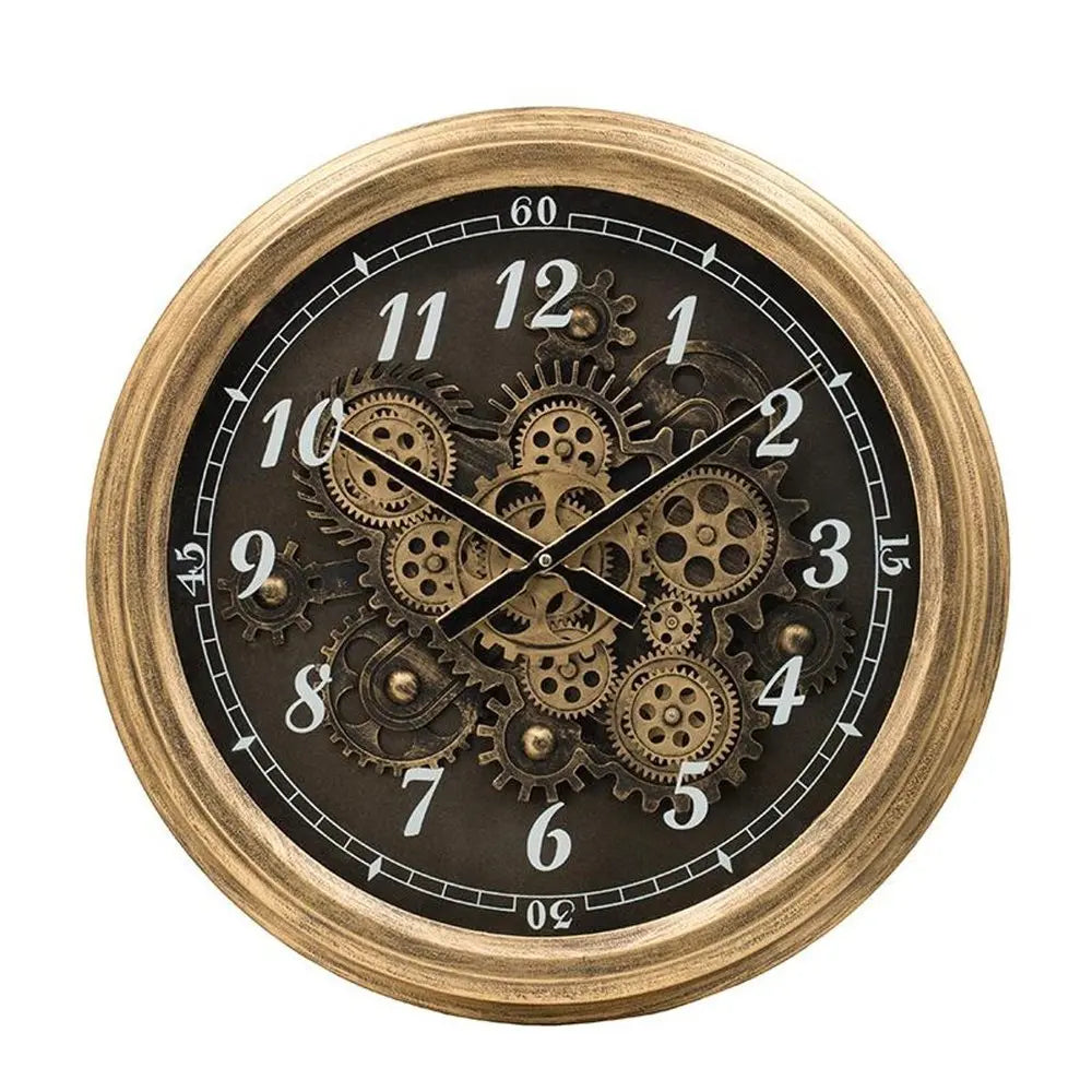 21" Circle Black and Gold Wood and Glass Analog Exposed Gear Wall Clock - NOBLE HOME INTERIORS