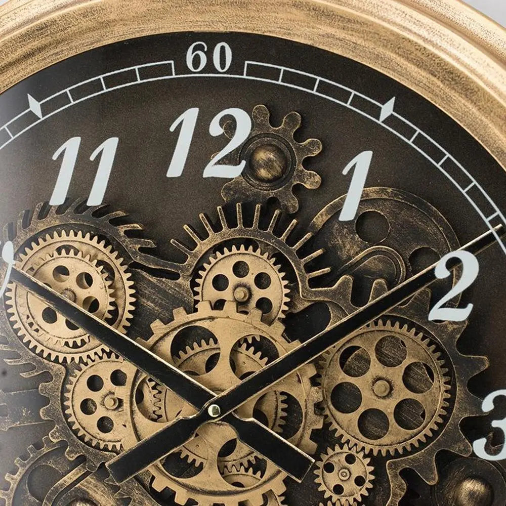 21" Circle Black and Gold Wood and Glass Analog Exposed Gear Wall Clock - NOBLE HOME INTERIORS