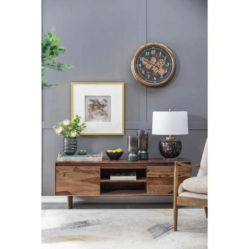 21" Circle Black and Gold Wood and Glass Analog Exposed Gear Wall Clock - NOBLE HOME INTERIORS