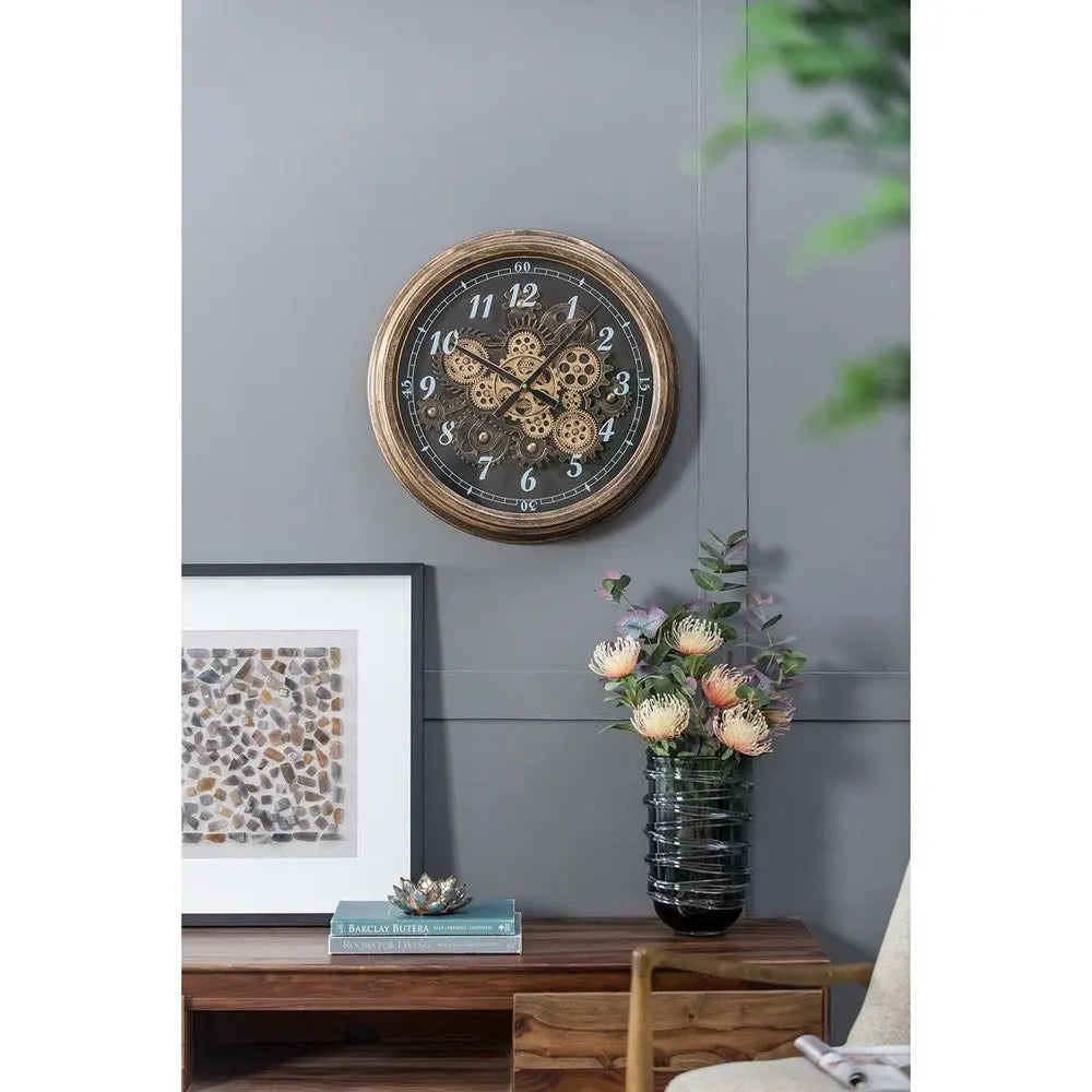 21" Circle Black and Gold Wood and Glass Analog Exposed Gear Wall Clock - NOBLE HOME INTERIORS