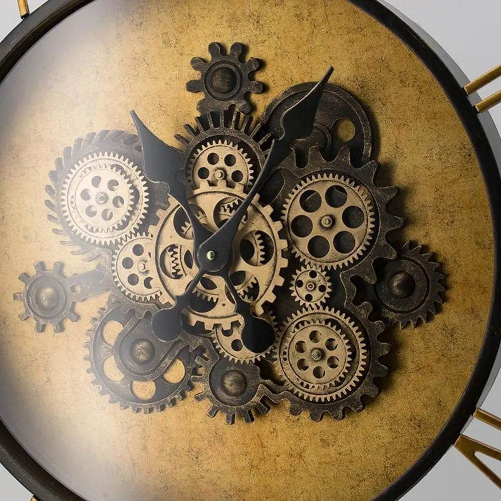 21" Circle Black and Gold Wood and Glass Analog Exposed Gear Wall Clock - NOBLE HOME INTERIORS