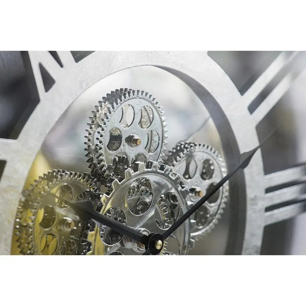 21" Circle Silver Metal and Glass Analog Exposed Gear Wall Clock - NOBLE HOME INTERIORS