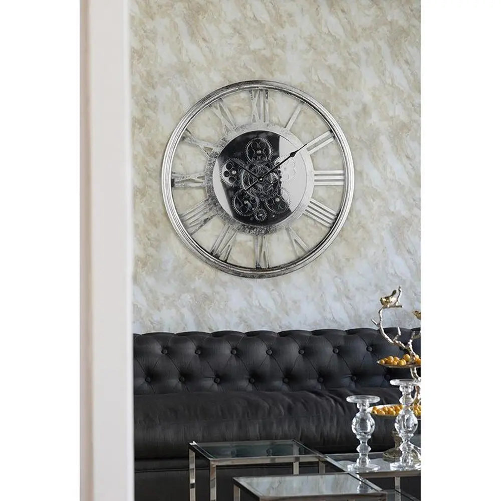 21" Circle Silver Metal and Glass Analog Exposed Gear Wall Clock - NOBLE HOME INTERIORS
