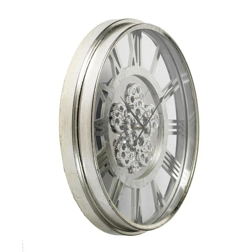 21" Circle Silver Metal and Glass Analog Exposed Gear Wall Clock - NOBLE HOME INTERIORS