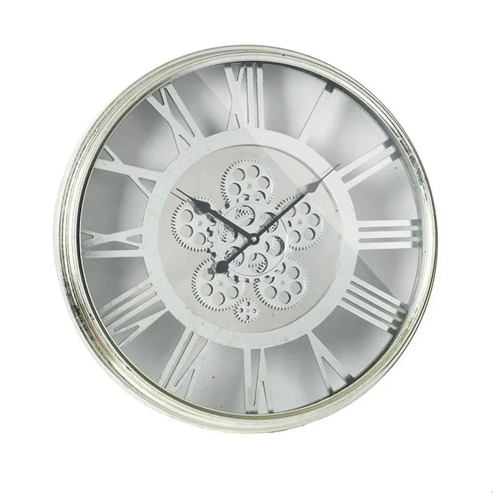 21" Circle Silver Metal and Glass Analog Exposed Gear Wall Clock - NOBLE HOME INTERIORS