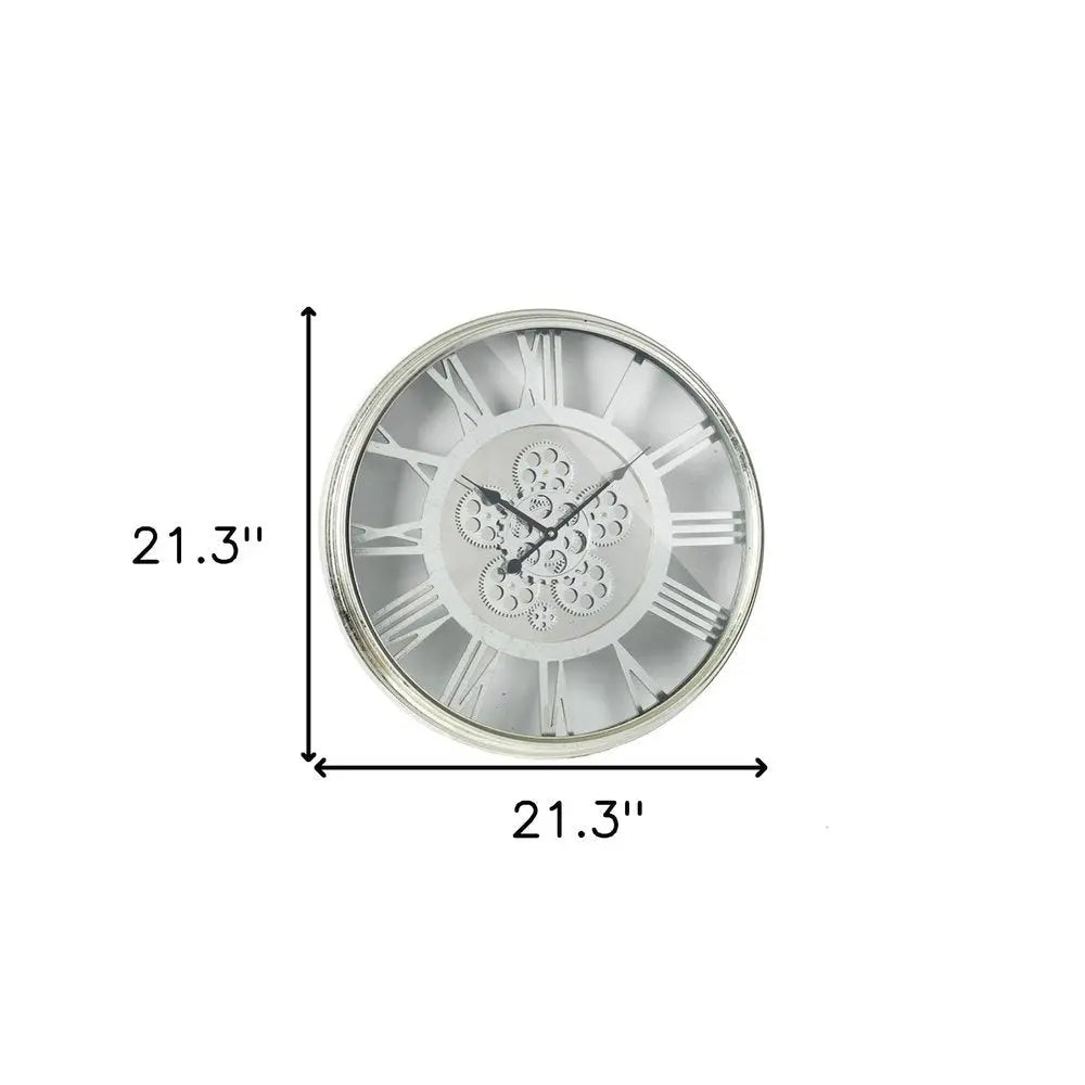 21" Circle Silver Metal and Glass Analog Exposed Gear Wall Clock - NOBLE HOME INTERIORS