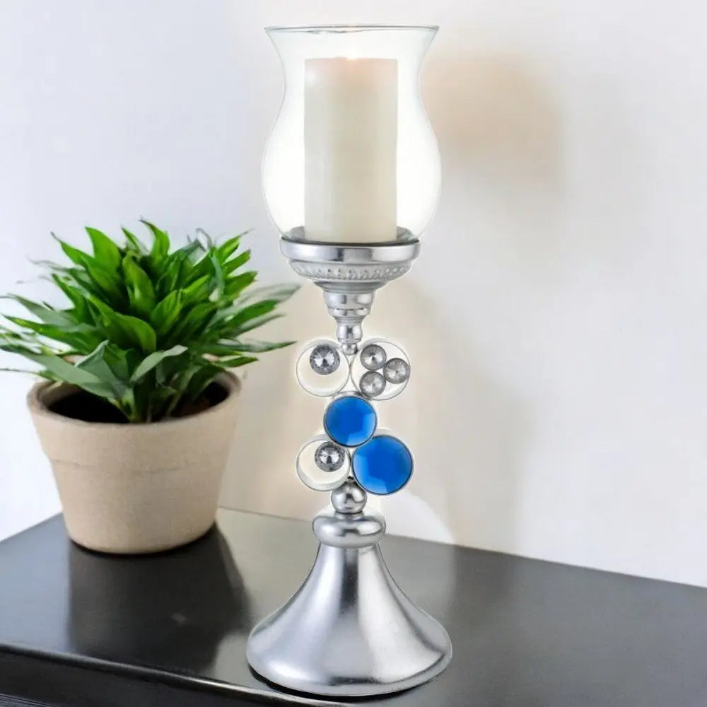 21" Silver and Blue Faux Crystal Bling Hurricane Candle Holder - NOBLE HOME INTERIORS