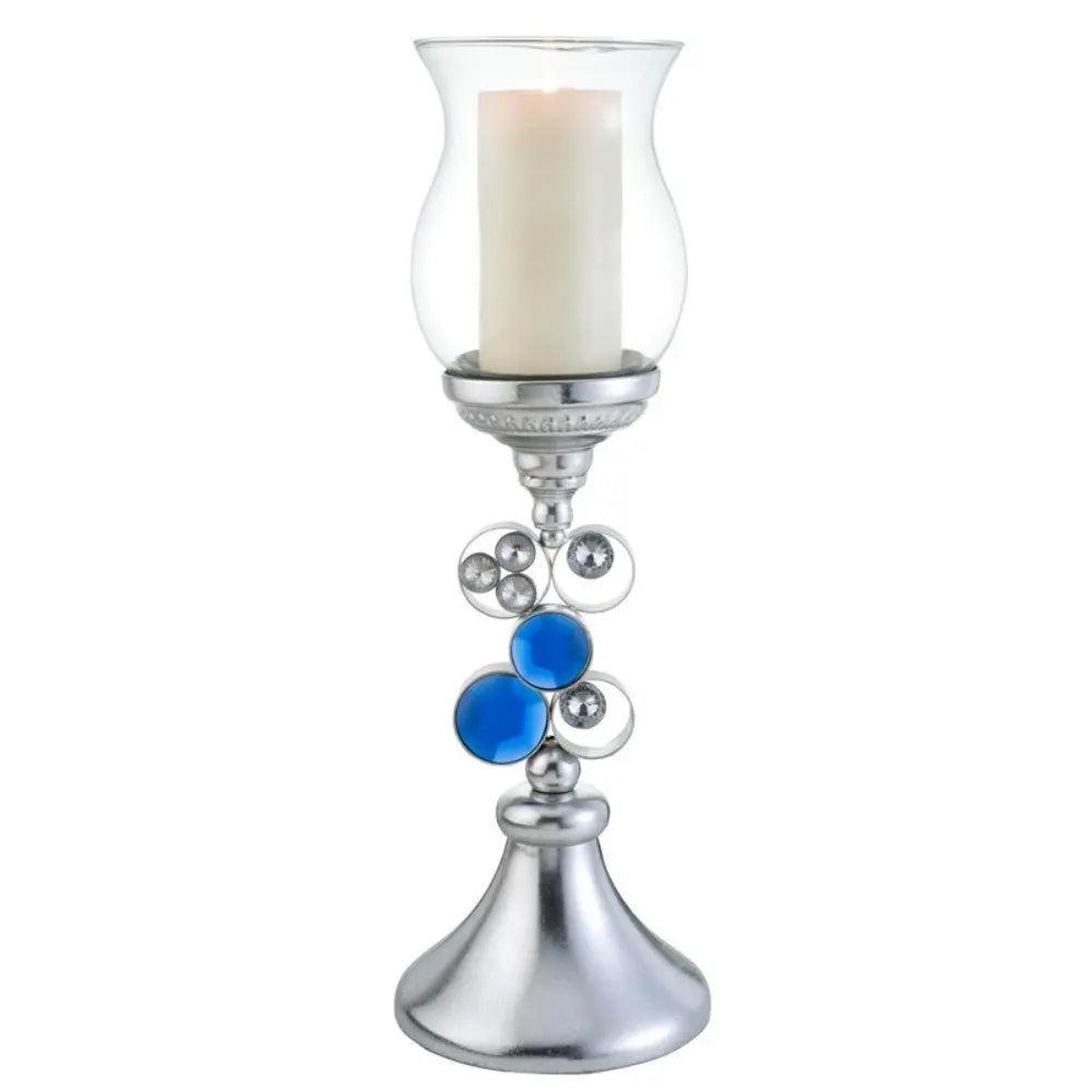 21" Silver and Blue Faux Crystal Bling Hurricane Candle Holder - NOBLE HOME INTERIORS