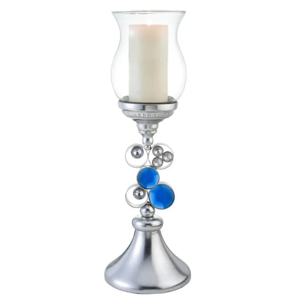 21" Silver and Blue Faux Crystal Bling Hurricane Candle Holder - NOBLE HOME INTERIORS